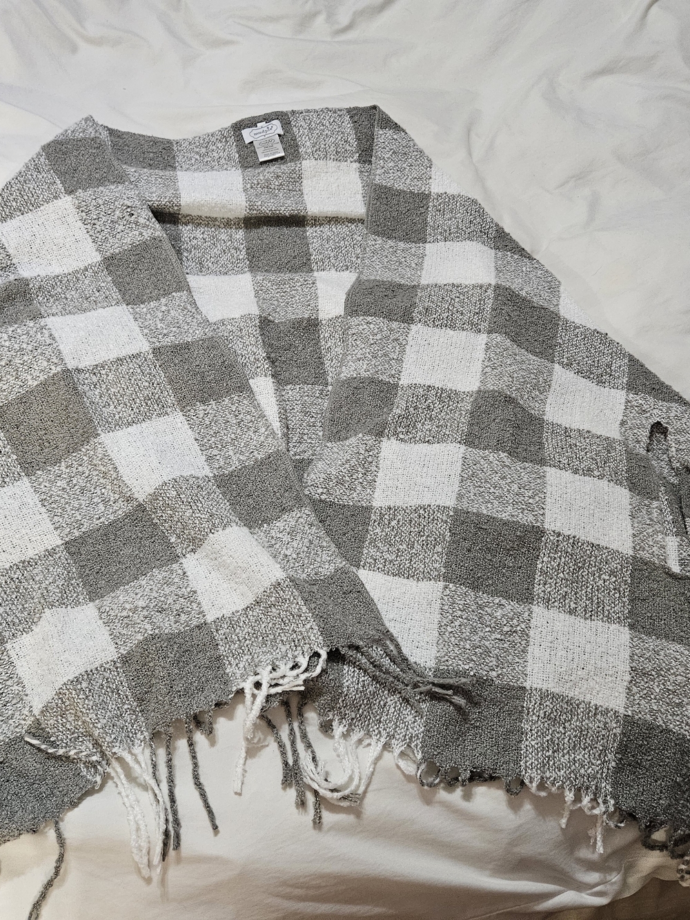 Mud Pie Gray and White Checkered Fringe Open-Front Poncho